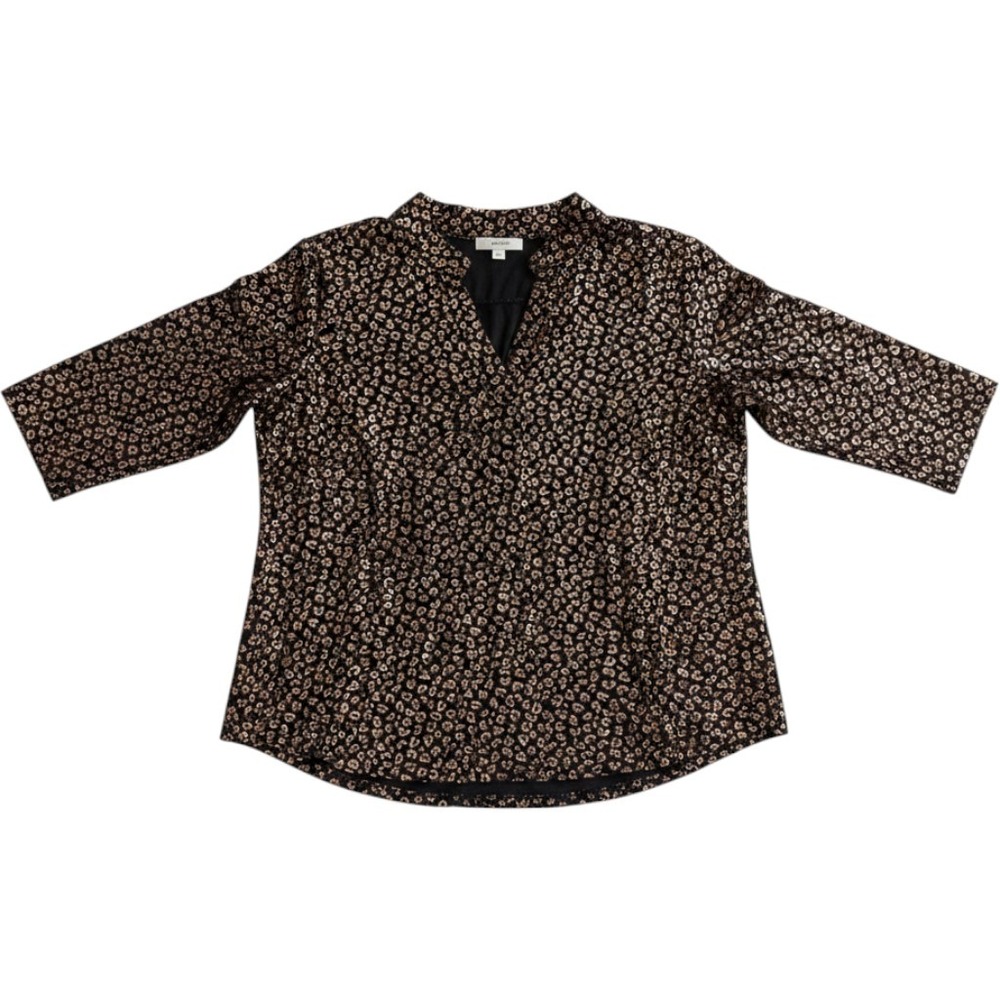Honeyme Rose Gold Metallic Leopard Print Split V-Neck Elbow Sleeve Top Small